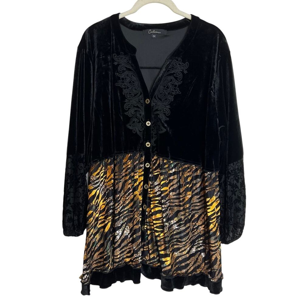 Calessa Womens Blouse 2X Black Velvet Animal Print Mixed Media Embroidered Top